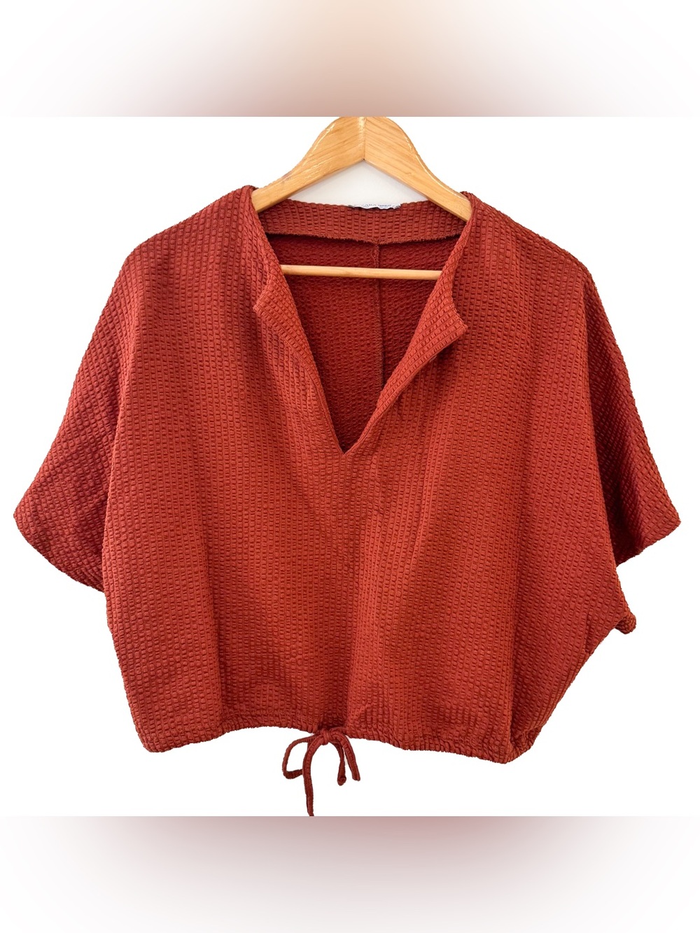 Zara Rust Waffle-Knit V-Neck Drawstring Tunic